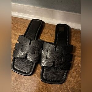 Hermes Style Black Textured Slide Sandals